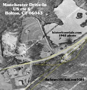 Manchester Drive-In, US rte 6, Bolton, Ct.  As you can, I-84 wasn't even built yet.  Now that it's here, it has been changed to I-384