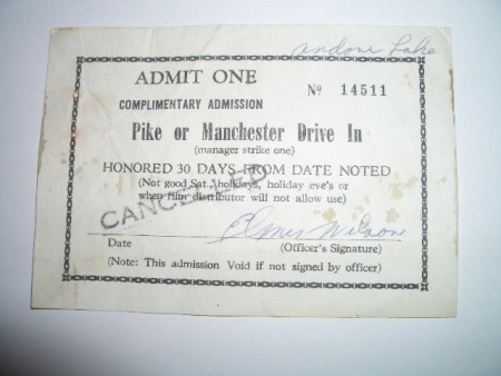1950's Complimentry Ticket for the Pike & or Manchester Drive-In