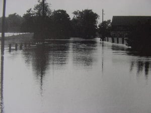 Tobacco fields on the left. Rt 17A is under water from The Connecticut River in 1955. Looking west. Drive-in is on the rite
just b 4 the barn.