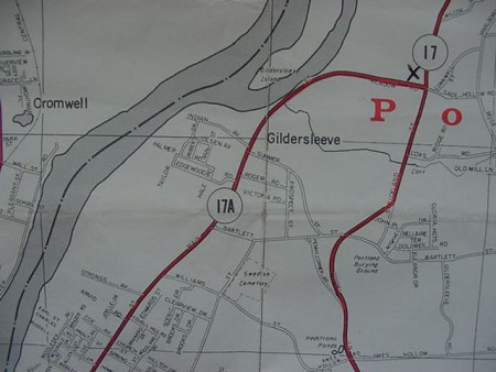 The X shows where the drive-in was. Parts of Portland, Gildersleeve, and Cromwell r shown. The river is The Connecticut River. The lower left is where down town Portland is.