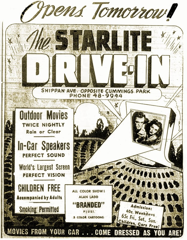Starlite Drive-in in Stamford, Conn. grand opening ad dated April 11-12, 1951.