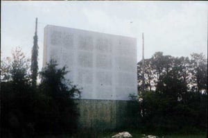 The screen tower from the front, where the screen went; notice the poles on either side which once, apparently held a 1950s expansion to accomdate Cinemascope.