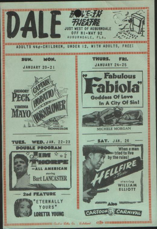 Dale Drive-In handbill from the 1950s, when admission was 44 cents. Three of these movies date to 1951.