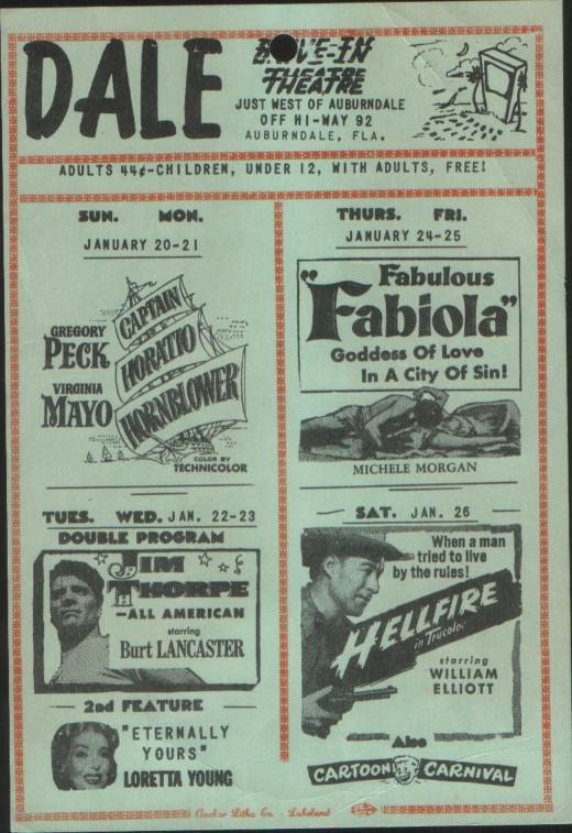 Dale Drive-In handbill from the 1950s, when admission was 44 cents.  Three of these movies date to 1951.