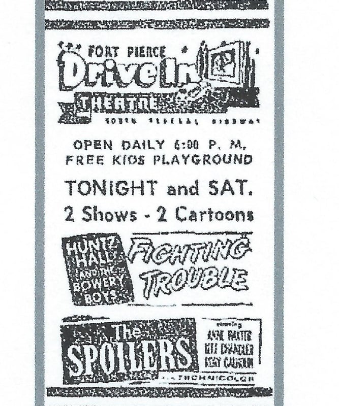 Movies showing at Ft Pierce Drive-In Theater on Dec 28, 1958 from newspaper.