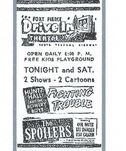 Movies showing at Ft Pierce Drive-In Theater on Dec 28, 1958 from newspaper.