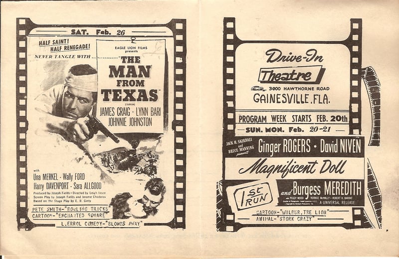 Flyer from the Gainesville Drive-In Theatre located on 3000 Hawthorne Road.