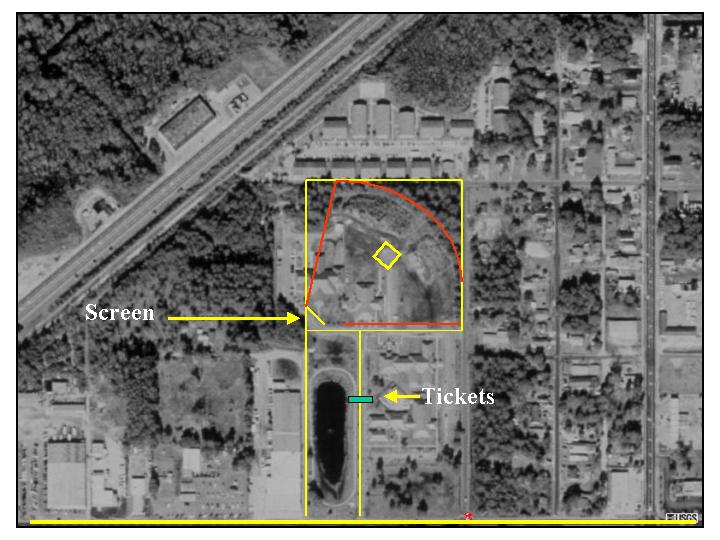 Terraserver image of the Gulf Drive-In site in 1999.  Based on the photos by RG, the boundaries are approximately as shown in yellow and red.
