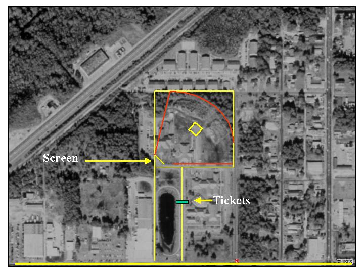 Terraserver image of the Gulf Drive-In site in 1999. Based on the photos by RG, the boundaries are approximately as shown in yellow and red.
