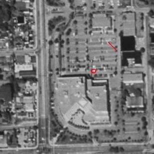 aerial pic of site, red circle indicating approximately where the projection booth stood + diagonal line being the screen
