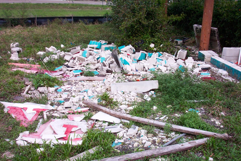 Rubble at the base of the marquee.