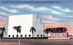 marquee and screen tower; taken in the 1940's, on a postcard