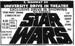 Dedicated newspaper ad for Star Wars playing at the drive-in.