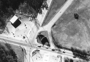 Aerial view of the marquee and entrance road at the Bankhead Drive-In from 1974. Photo from the Georgia DOT.