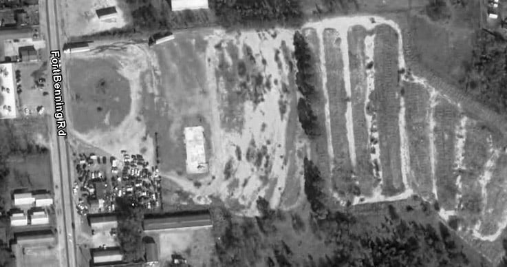 Parking rows are still visible. Screen tower would have been on left next to Fort Benning Road. Used today for automotive storage. --Chris Joiner