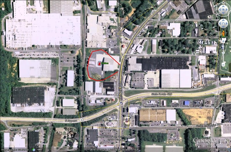 2009 Google Earth image with outline of former site