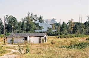 Closer view of projection/concession building and screen tower.