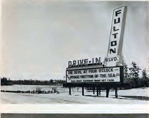 Pictured here is the marquee at the Fulton Blvd Drive-In from the 60's. Image is from Alonzo Jeter's photostream on flickr.