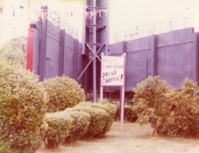 This little sign out behind the marquee was for everybody to see as they were leaving the Glenwood Drive-In. Photo from 1979.