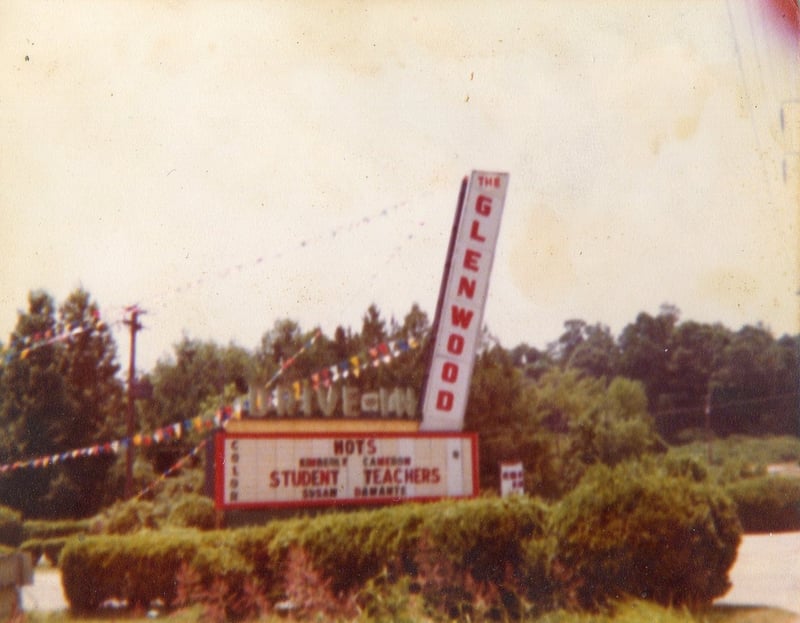 The marquee at the Glenwood Drive-In from 1979.