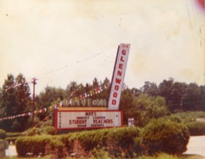 The marquee at the Glenwood Drive-In from 1979.