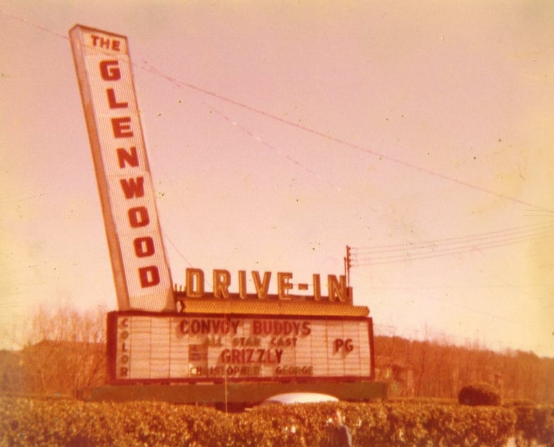 The marquee at the Glenwood Drive-In from early 1978.