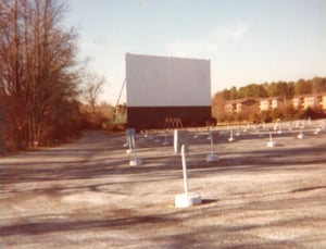 The screen and parking lot at the Glenwood Drive-In from 1978.