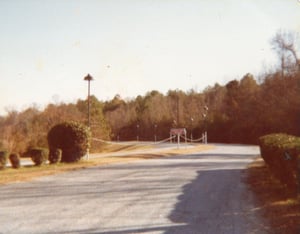 The entrance and the exit roads at the Glenwood Drive-In. The entrance road is to the right and the exit road is to the left. Photo from 1978.