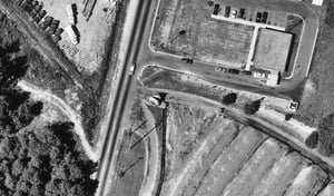 Aerial view from 1973 showing the original marquee at the Gwinnett Drive-In. Photo from the Georgia Department of Transportation.