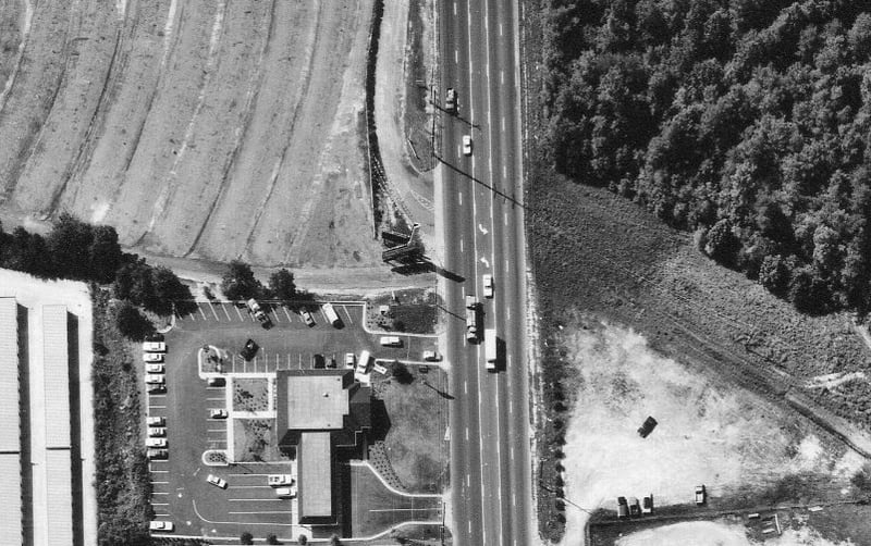 Aerial view from 1984 showing the newer marquee at the Gwinnett Drive-In. Photo from the Georgia Department of Transportation.