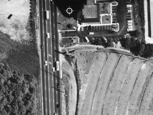 Aerial view from 1984 showing the newer marquee at the Gwinnett Drive-In. Photo from the Georgia Department of Transportation.