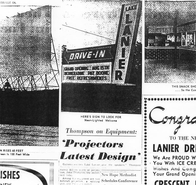 Newspaper photo of the Lake Lanier Drive-In's marquee right close to there grand opening from August of 1957. This is from the Daily Times newspaper in Gainesville, GA.
