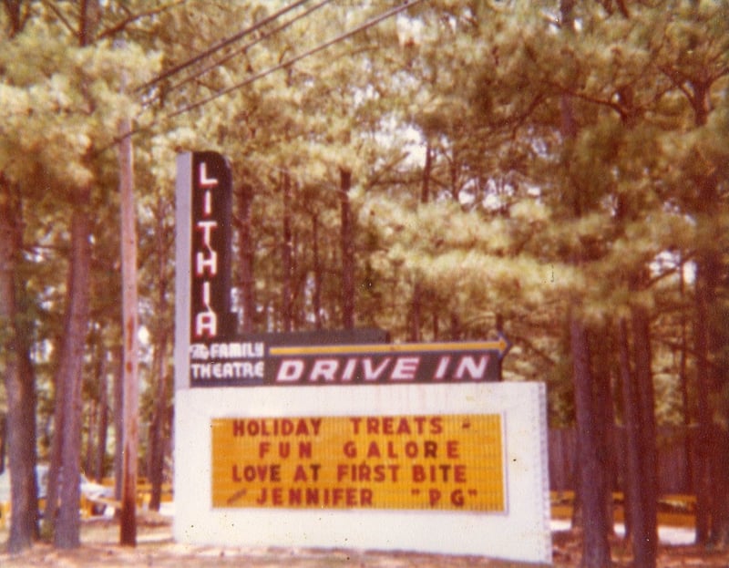 The marquee at the Lithia Drive-In from 1979.