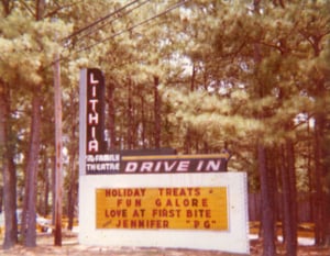The marquee at the Lithia Drive-In from 1979.