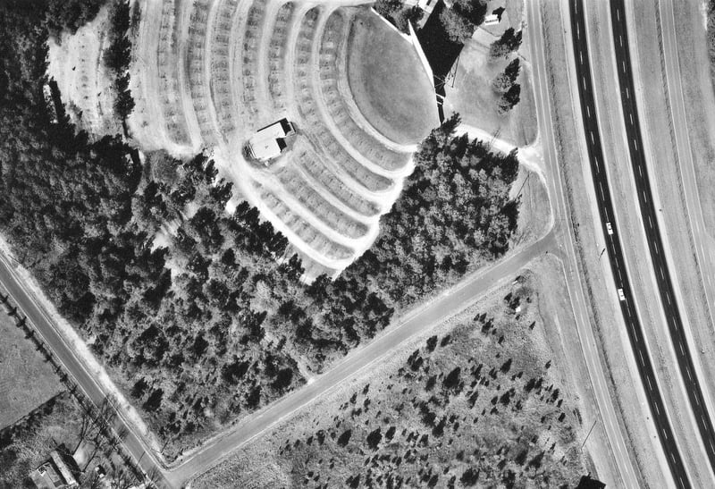 Aerial view showing most of the Moon Lit Drive-In from 1975. Image is from the Georgia Department of Transportation.