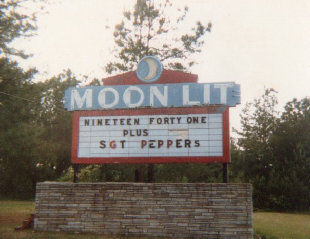 The marqee sign for the Moonlit Drive-in, Conyers, Ga.