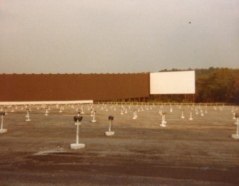 The screen and parking lot at the North 85 Twin Drive-In from 1979.