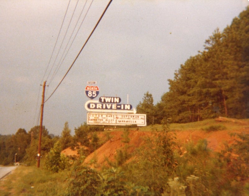 The marquee at the North 85 Twin Drive-In from 1979.