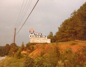 The marquee at the North 85 Twin Drive-In from 1979.