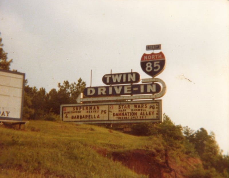 Close up on the marquee at the North 85 Twin Drive-In from 1979.