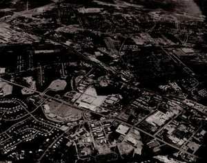 Chamblee Plaza is lower center of aerial photo and Peachtree Drive-in can be seen above and slightly to the left of the shopping center.