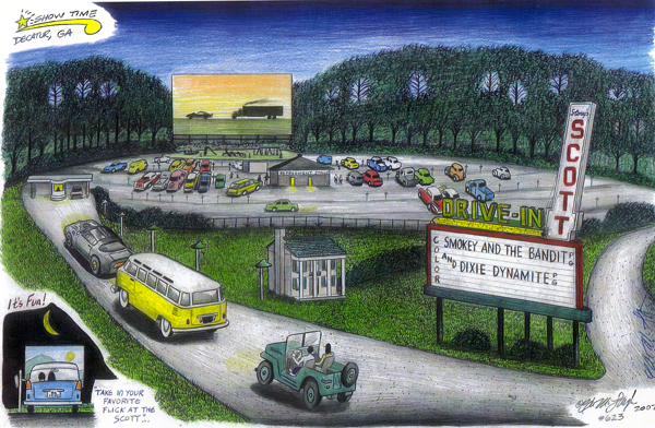 Drawing of the Scott Drive-In as it looked in the 70's. Artwork by Chris McLaughlin. His website is www.chrisdraws.com