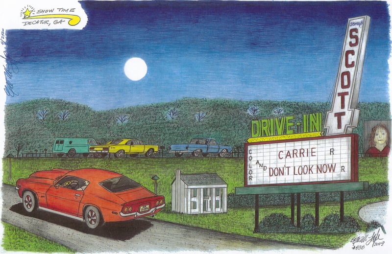 Drawing of the Scott Drive-In as it looked in the 70's. This is the second newer marquee that stood at the Scott from 1971 till the drive-in closed in 1977. If anyone out there has any actual photos of this sign when it stood at the Scott Drive-In please 