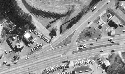 Aerial view from 1976 showing the newer marquee at the Scott Drive-In. Photo from the Georgia Department of Transportation.
