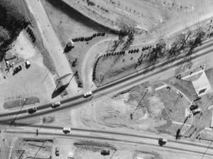 Aerial view from 1966 showing the original marquee at the Scott Drive-In. Photo from the Georgia Department of Transportation.