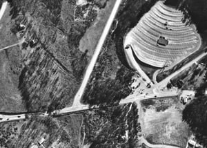 Aerial view showing most of the Scott Drive-In from 1957. Photo from the Georgia Department of Transportation.