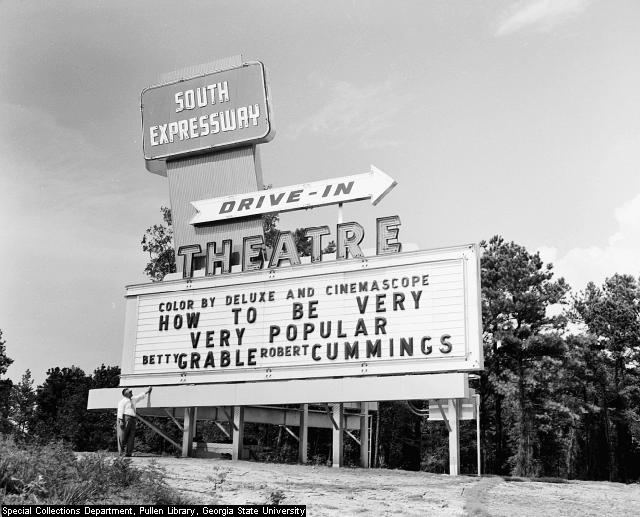 The marquee at the South Expressway Drive-In from August 22, 1955. Image is from Special Collections and Archives, Georgia State University Library.