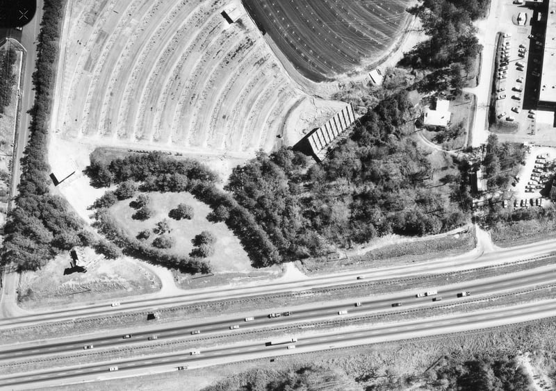 Aerial view looking at part of the South Expressway Twin Drive-In from 1974. Photo from the Georgia DOT.