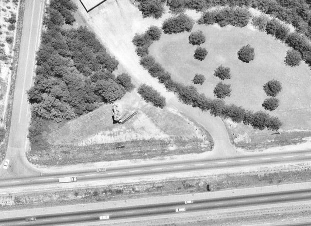 Zoom up aerial view of the marquee at the South Expressway Drive-In from 1972. Photo from the Georgia Department Of Transportation.