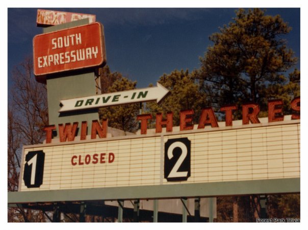 The marquee at the South Expressway Twin Drive-In after it closed in the mid 80's. This image is from the Facebook site Forest Park Trivia. Photo taken by Eddie Lee.